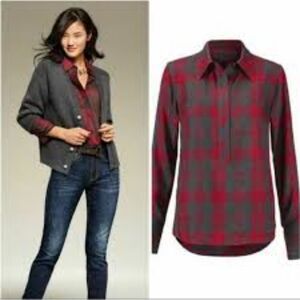 CAbi Cunningham Popover Top Long Sleeve Hi Lo Button Red Gray Flannel #3587 Sz M